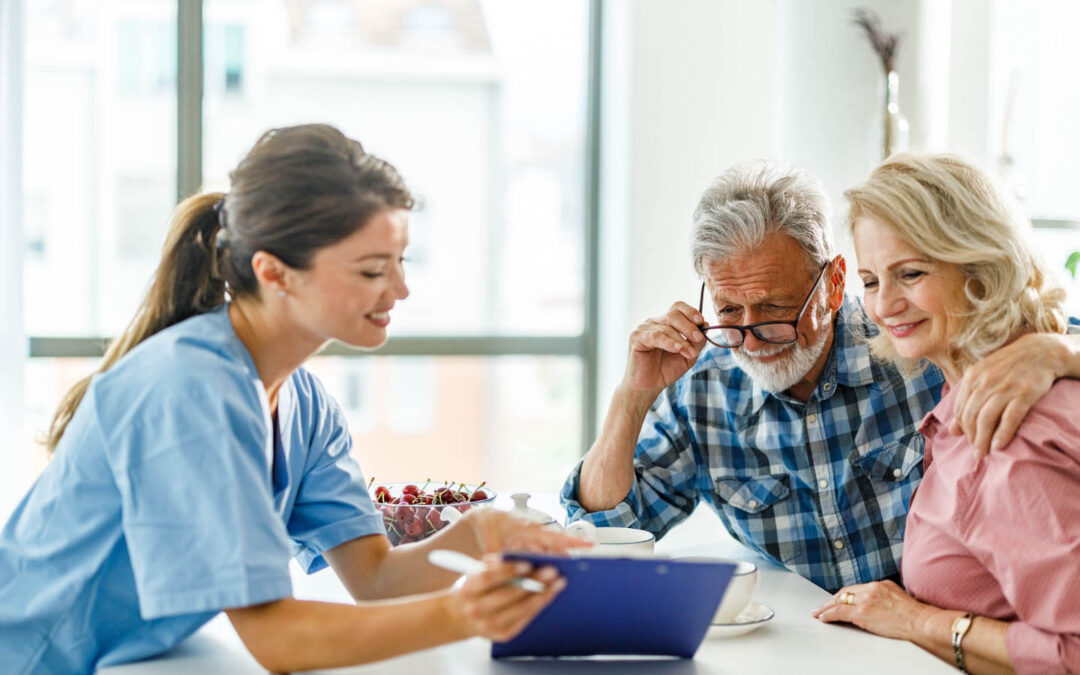 healthcare worker, medicare, older couple talking to healthcare worker